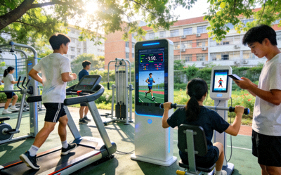 大学校园内学生在智能体育设施上进行锻炼